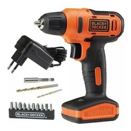 Taladro atornillador a Batería Black + Decker, de 900 RPM con accesorios.